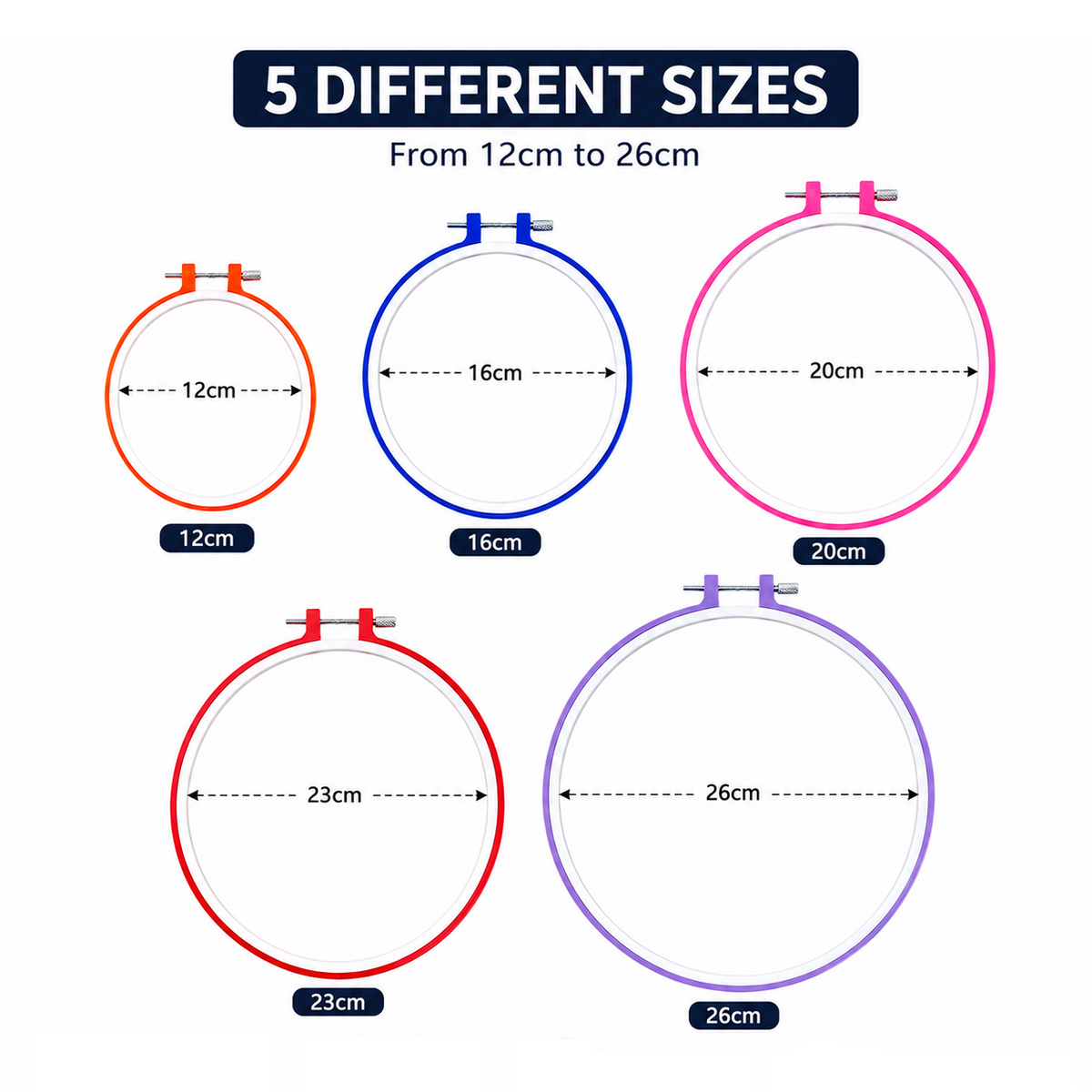 Embroidery Hoops in Plastic - (Sizes 12cm, 16cm, 20cm, 23cm, 26cm) - Set of 5