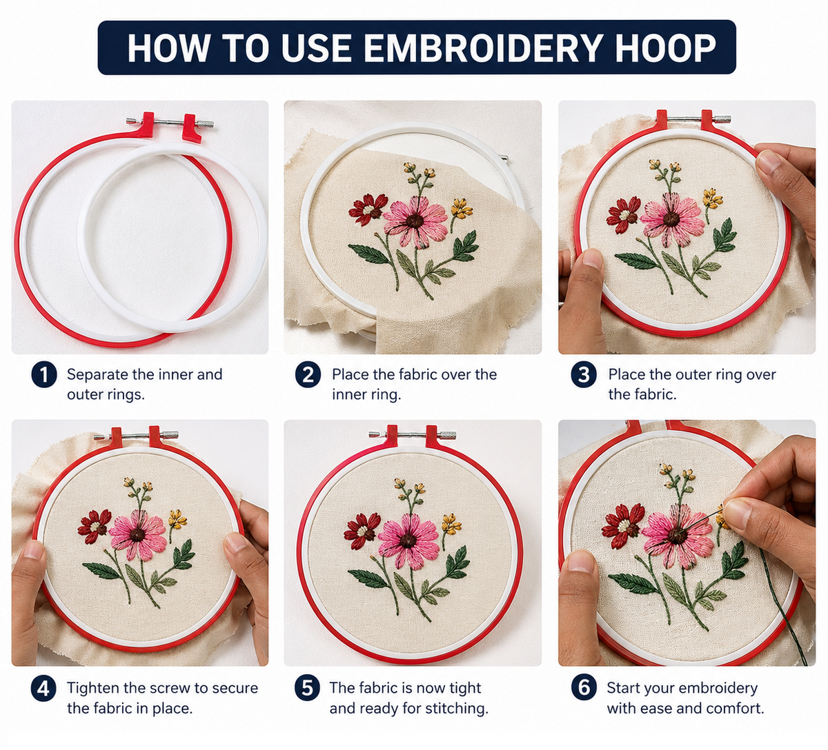 Embroidery Hoops in Plastic - (Sizes 12cm, 16cm, 20cm, 23cm, 26cm) - Set of 5