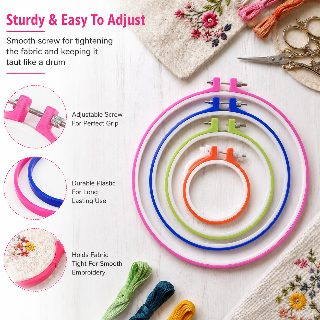 Embroidery Hoops in Plastic - (Sizes 12cm, 16cm, 20cm, 23cm, 26cm) - Set of 5