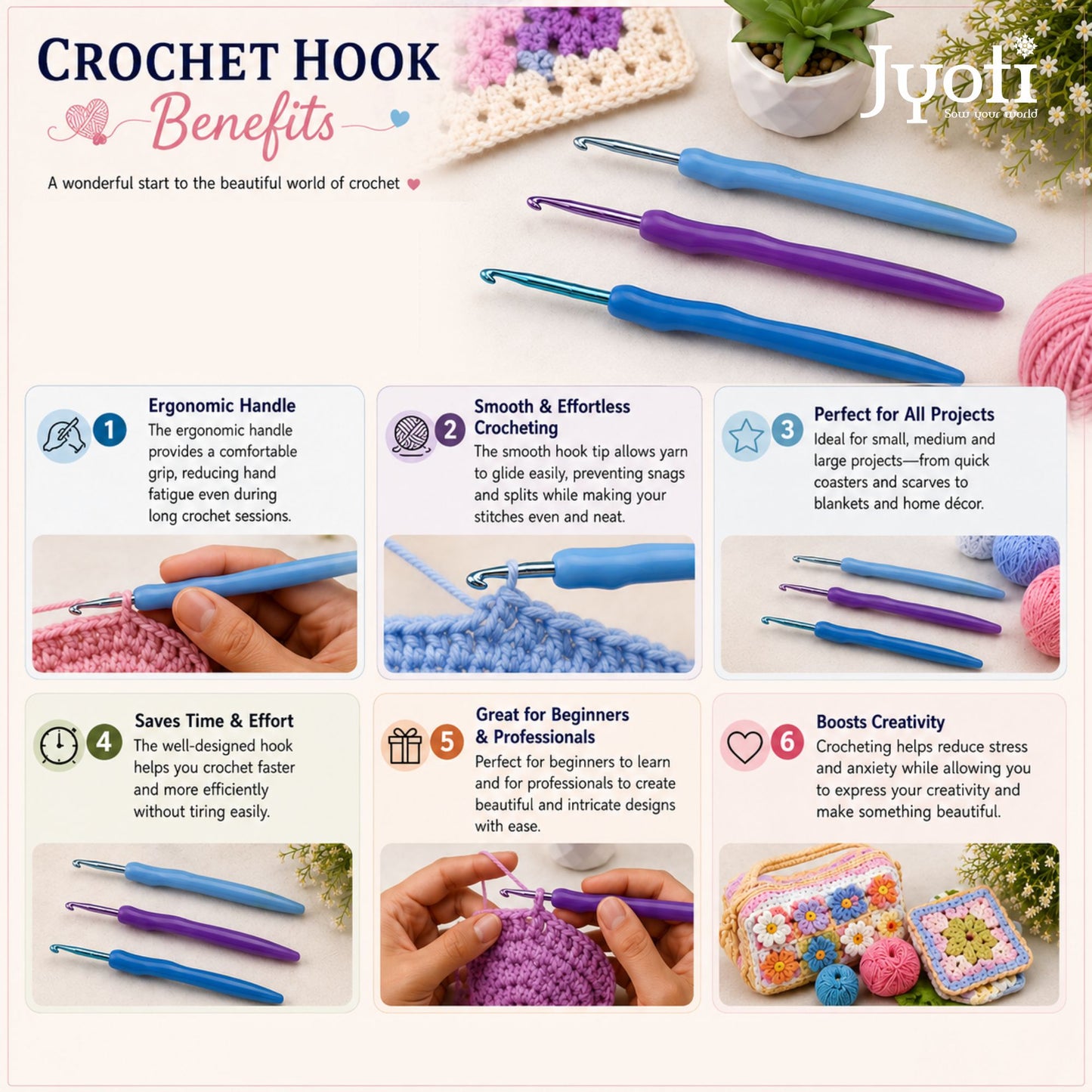 Crochet Hook - Aluminium - 6" / 15cm (Plastic Handle) (Colored) - (For Wool Work)